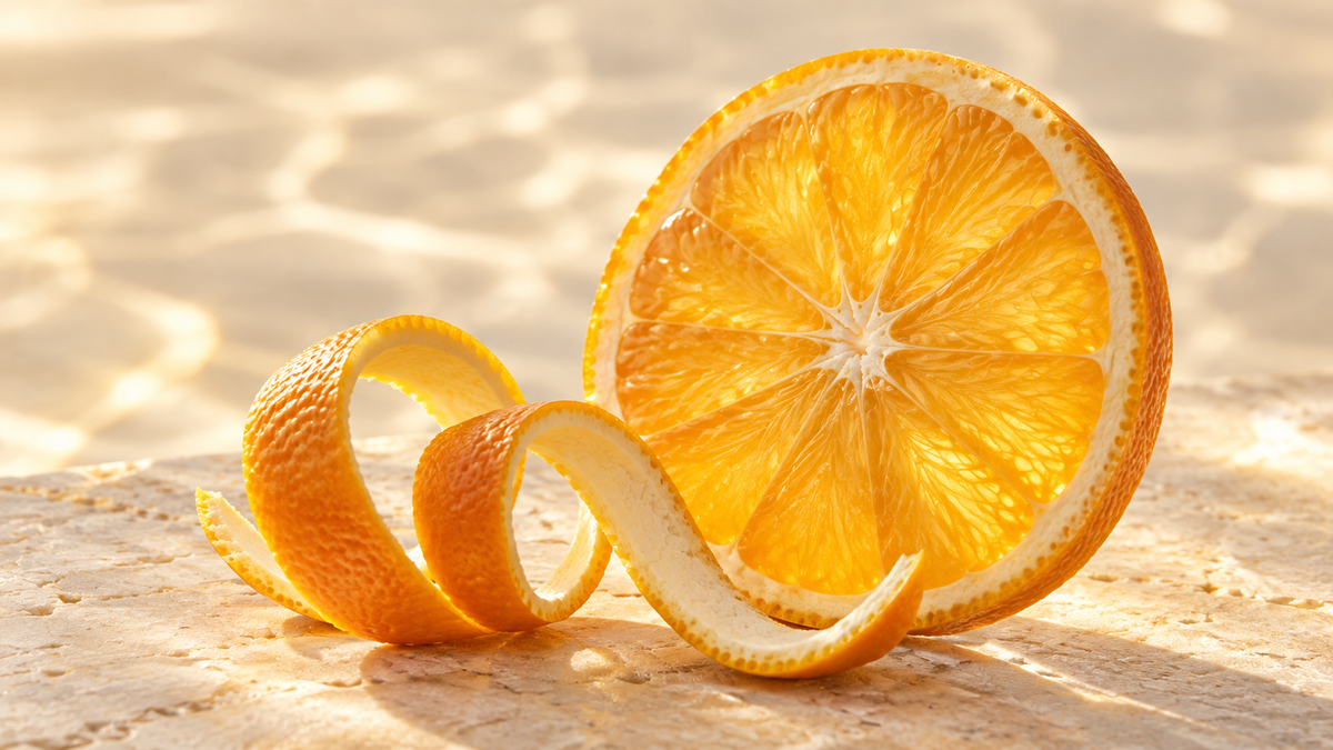 Sunlit orange slice and curled citrus peel on a warm ivory stone surface.
