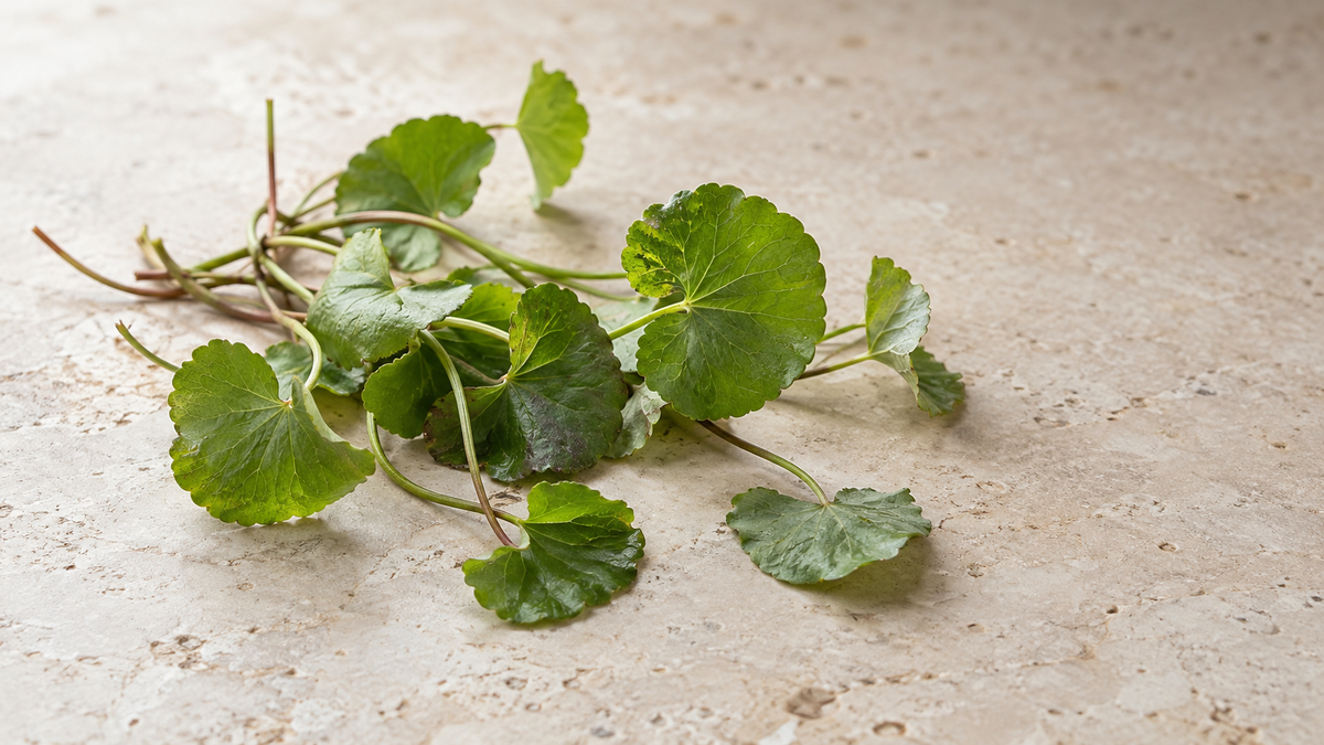 Fresh gotu kola (Centella asiatica) leaves and stems on a light stone surface in natural daylight.